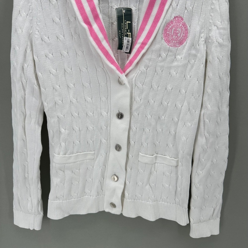 Lauren Ralph Lauren Womens L Cable Knit‎ Cardigan Pink Stripe Crest Heritage NWT - Picture 3 of 10